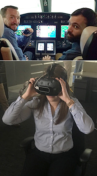 Photograph: Students in cockpit of test aircraft and trying out virtual reality simulations.