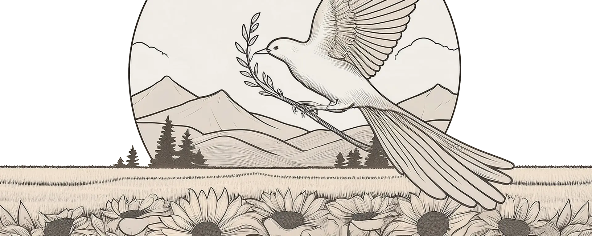 Illustration of a bird in flight carrying an olive branch, symbolizing peace and justice, with a backdrop of Kansas-style plains, sunflowers, and distant mountains. The image reflects themes of human rights, justice, and harmony, created for a symposium held in Kansas.
