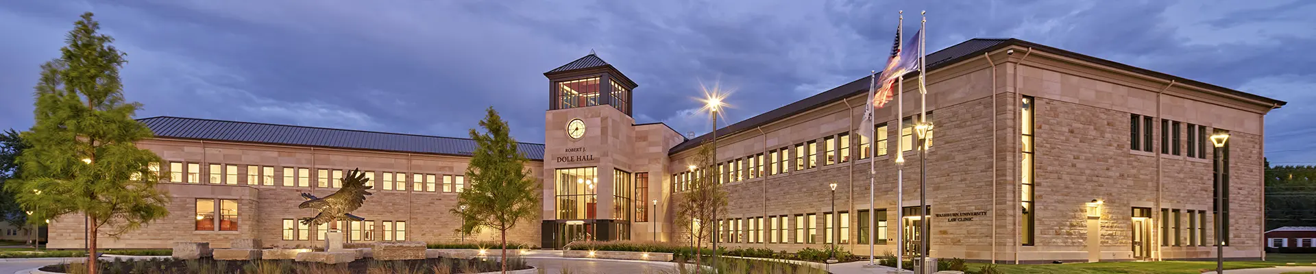 Law school building north facade at dusk