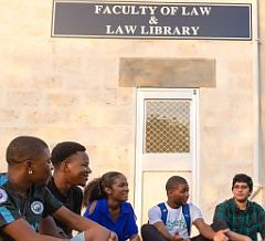 Photograph: Students outside Faculty of Law building at the University of the West Indies Cave Hill Campus on Barbados.