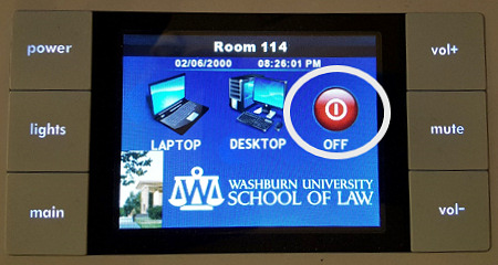 Photograph: Podium touchpad showing icon to press to turn off projector.