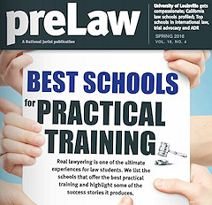 Graphic: Cover of spring 2016 preLaw magazine which list Washburn Law as one of the top 12 schools for trial advocacy.