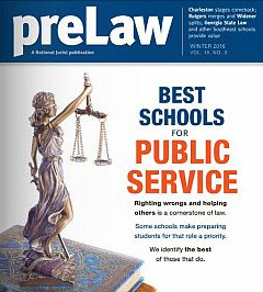 Graphic: Cover of winter 2016 preLaw magazine which named Washburn Law number 2 for government jobs.