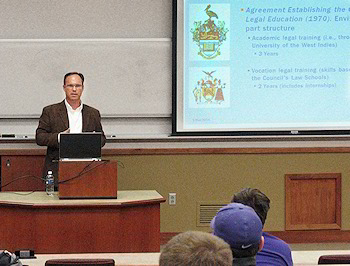 Photograph: Dr. David Berry talking to students about legal education in the Caribbean.