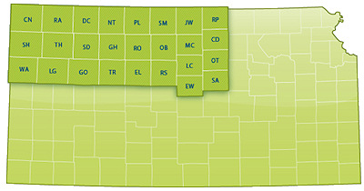 Map: Shows Dane G. Hansen Foundation service area in northwest Kansas.