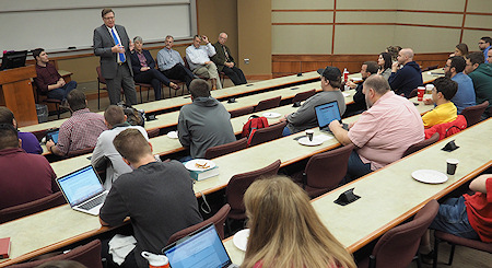 Photograph: David Bideau, '82, speaking to students during a lunch and learn about practicing in a rural community.
