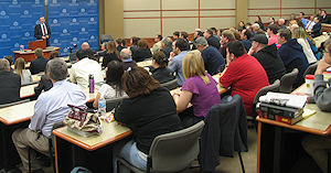 Photograph: Audience listening to Monroe Freedman's Foulston Siefkin lecture.