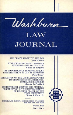 Graphic: Cover of volume 2, number 1 of Washburn Law Journal.