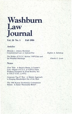 Graphic: Cover of volume 26, number 1 of Washburn Law Journal.