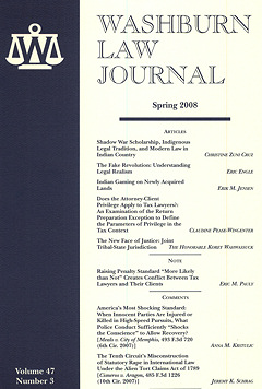 Graphic: Cover of volume 47, number 3 of Washburn Law Journal.