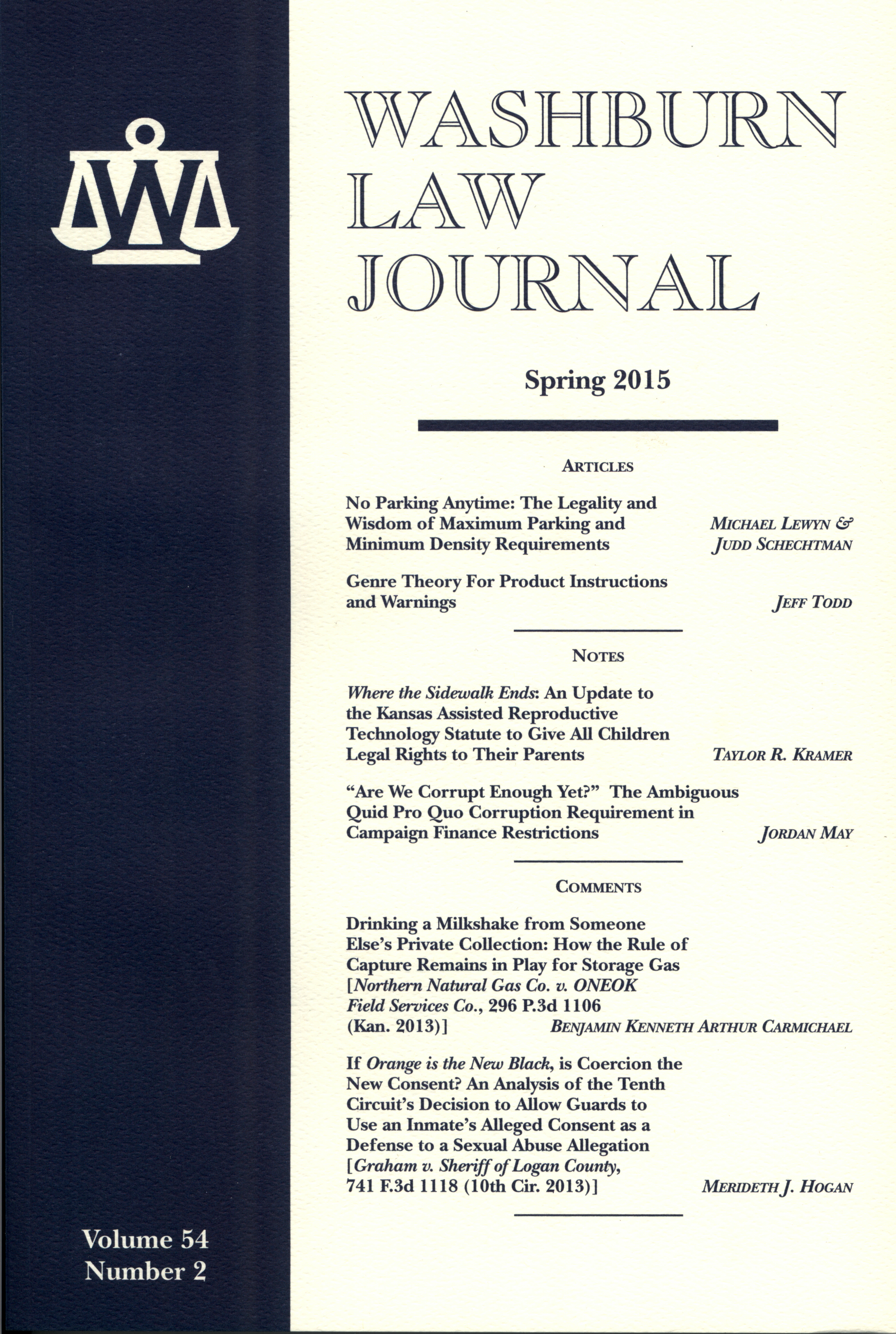 Graphic: Cover of volume 54, number 2 of Washburn Law Journal.
