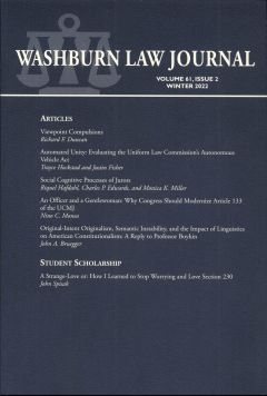 Graphic: Cover of volume 61, number 2 of Washburn Law Journal.